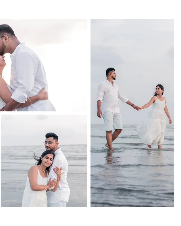 A collage showcasing a couple's pre-wedding shoot on the beach, featuring candid walking shots and intimate embraces in the soft light.
