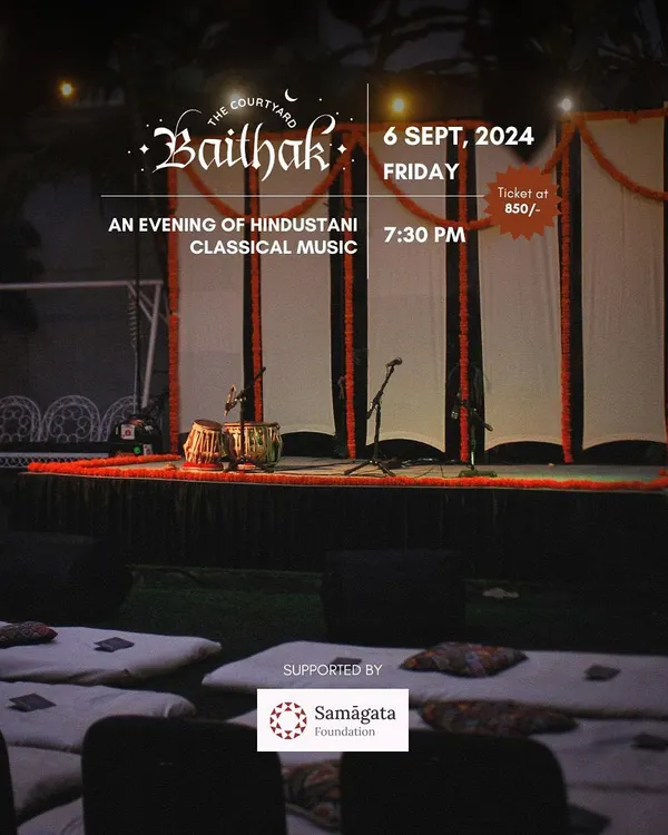 The stage is set for an evening of Hindustani classical music. The mattresses on the floor invite you to sit comfortably and get lost in the sound, creating a truly traditional baithak feel.