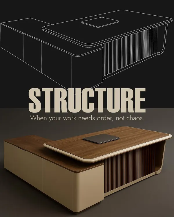 This executive desk combines a premium wood finish with fluted panel detailing and integrated storage. The design provides a structured, organized workspace without sacrificing style.
