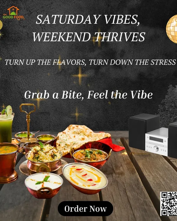 Saturday vibes, weekend thrives. This graphic captures the essence of our brand: turning up the flavors and turning down the stress with a delicious spread of food perfect for a weekend party.