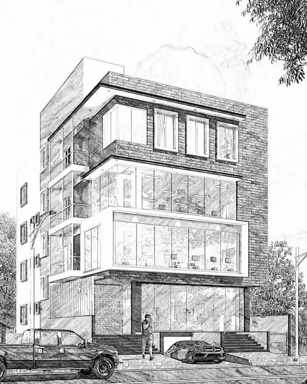 A conceptual sketch for a commercial building, representing the initial stage of our design process where ideas are first put to paper.