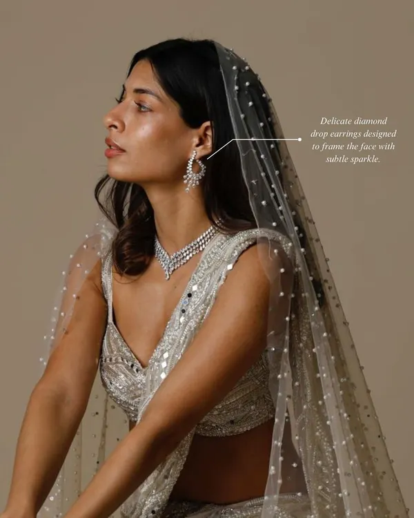 A vision in our Diamond Drop Necklace set. These delicate diamond drop earrings and matching necklace are designed to frame the face with subtle, elegant sparkle, perfect for a wedding reception or cocktail event.