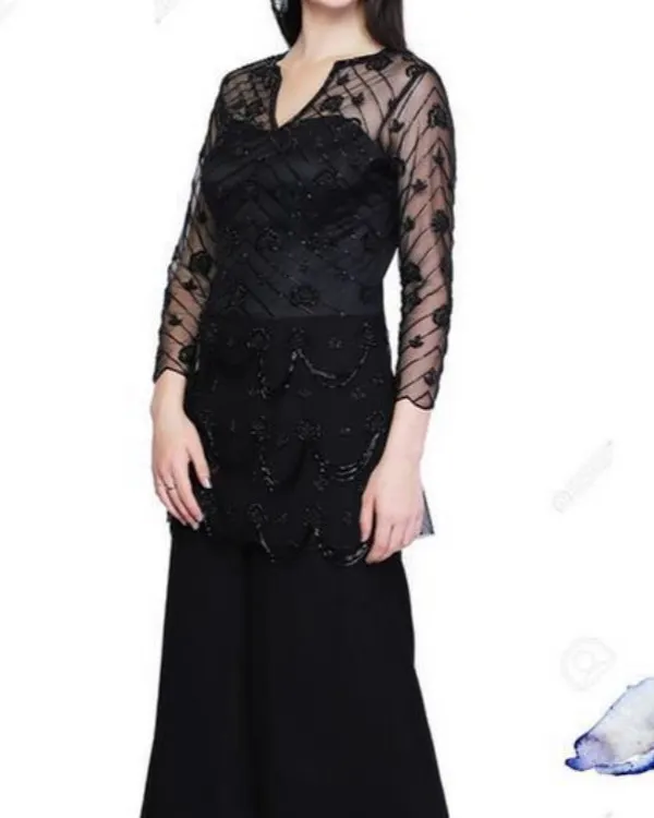 A sophisticated all-black palazzo set. The outfit features a sheer, long-sleeved tunic with intricate tonal embroidery over wide-legged pants, creating a chic and modern ethnic look.