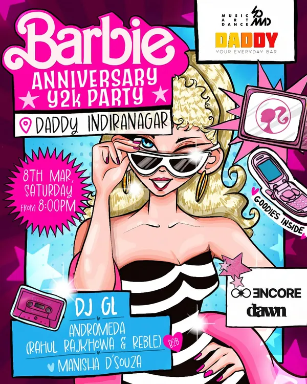The official poster for the SoMad Barbie Anniversary Y2K Party. Themed nights like this are my specialty, and this one was all about pink and pop anthems.