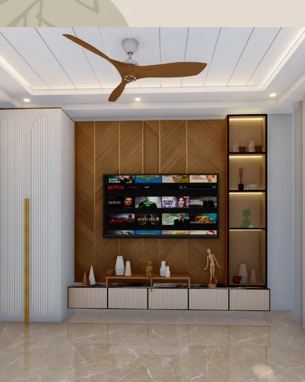 This 3D render shows a design for a living room TV unit. The plan includes a wood-paneled feature wall, a floating console, and a glass display cabinet, all designed to create a balanced and modern entertainment zone.
