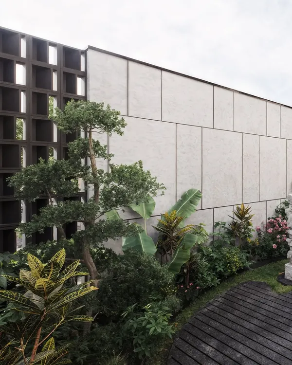 A detailed render from a landscape project, focusing on the texture and form of a manicured bonsai tree against a modern facade. This image shows my focus on botanical accuracy and material contrast in landscape visualization.
