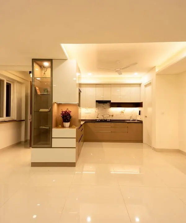 A look inside Bhavinee's home, where we created an open and airy living space. The design features neutral tones, ample storage, and beautiful display cabinets.