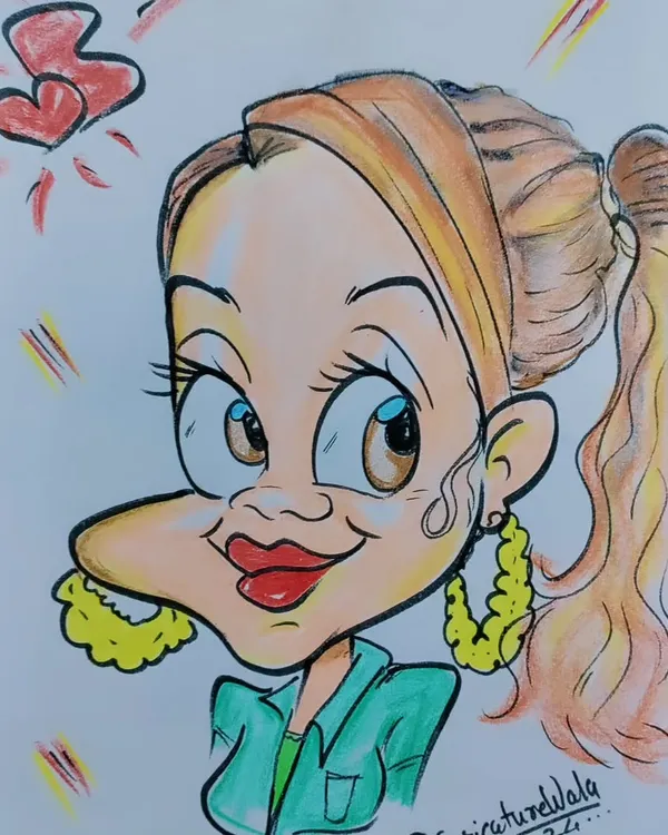 A beautifully colored caricature. The bright colors on the earrings and shirt make this portrait stand out.