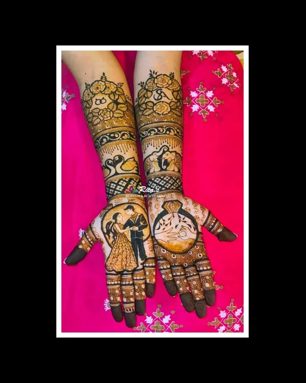 A perfect engagement mehendi design. One hand features a romantic couple portrait, while the other showcases a large engagement ring, symbolizing the occasion beautifully.