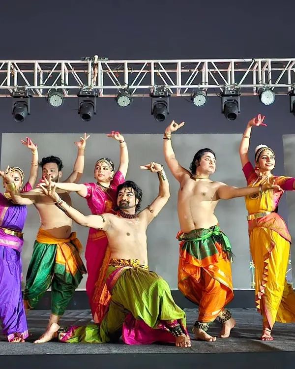 A vibrant group pose from our production 'Maheswara'. This piece is a tribute to Lord Shiva and blends the masculine energy of Chhau with the grace of Bharatanatyam.