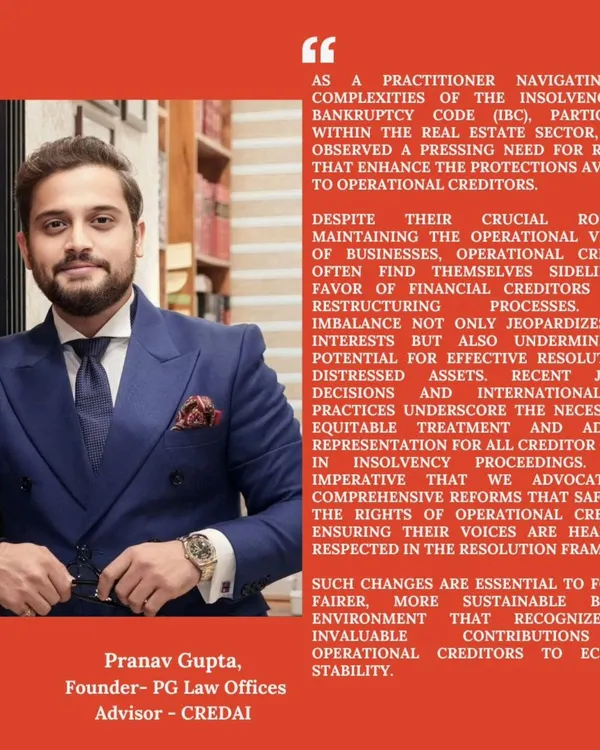 I am dedicated to navigating the complexities of the Insolvency and Bankruptcy Code (IBC), with a specific focus on advocating for the rights of operational creditors in the real estate sector. My practice is built on ensuring equitable treatment for all stakeholders in insolvency proceedings.