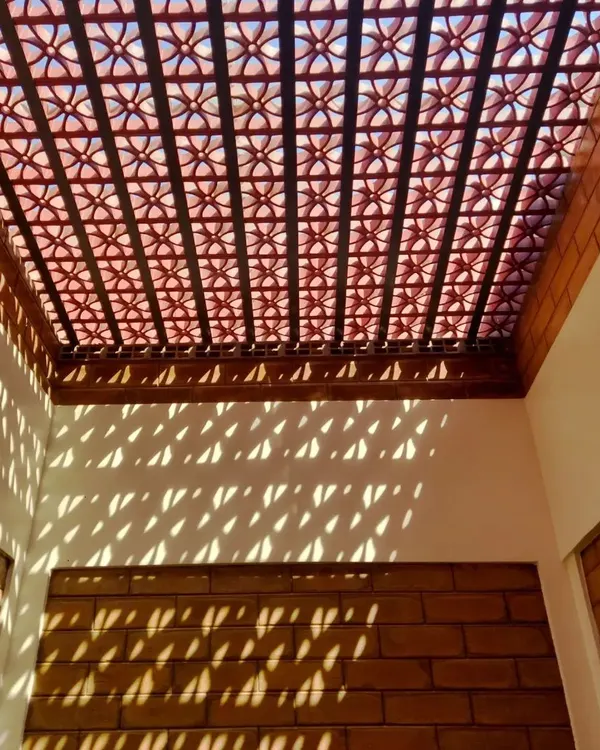 I use architecture to paint with light. A terracotta jaali screen acts as a porous ceiling, casting intricate patterns of light and shadow that shift throughout the day, turning a simple room into a dynamic and living space.