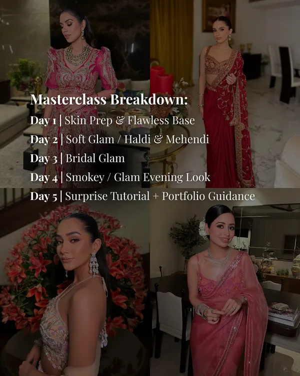 A breakdown of my 5-Day Advanced Makeup Masterclass. This intensive program covers everything from skin prep and flawless base to bridal glam and portfolio guidance.