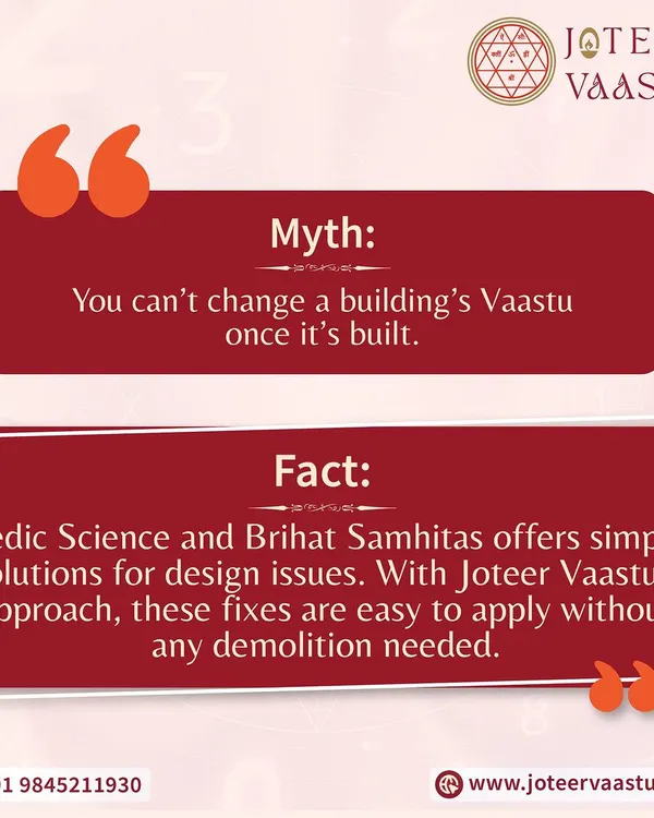 A common myth is that a building's Vaastu cannot be changed once it is built. The fact is, Vedic science offers simple, effective solutions that we apply to fix design issues without any demolition, keeping your space intact.
