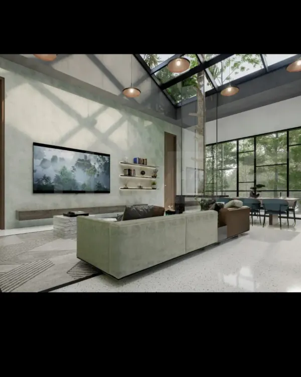 A render of a living space where a glass ceiling and large windows connect the residents with nature. The minimalist furniture and clean lines put the focus on the light and the view.