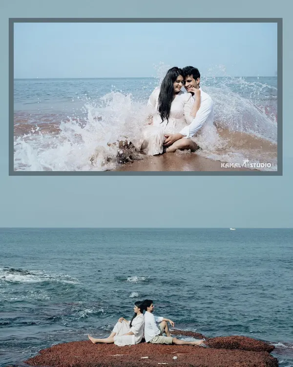 The perfect blend of romance and fun, with a playful splash in the waves and a serene pose on the rocks against the vast ocean in Goa.