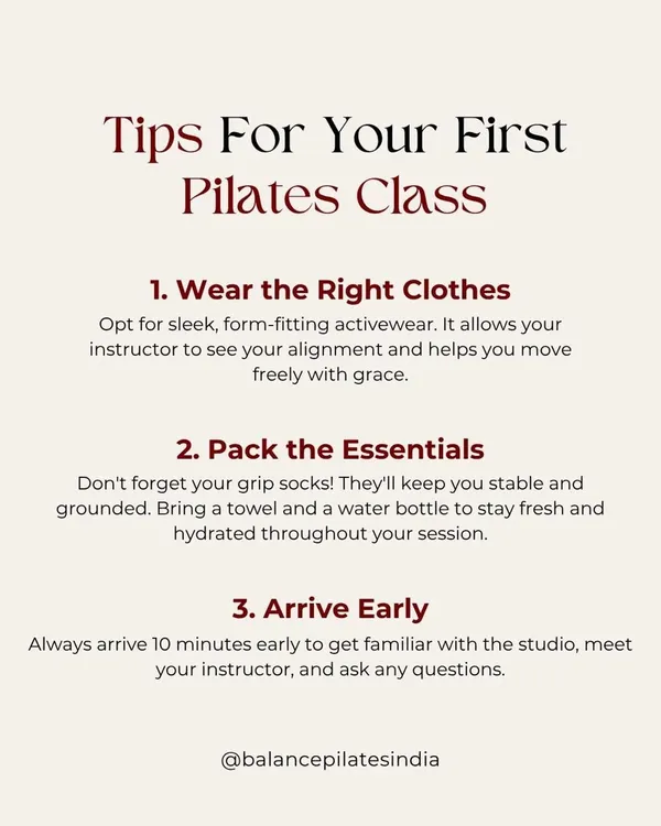 Your guide to a great first class! This graphic gives you three simple tips: wear form-fitting clothes, pack essentials like grip socks and water, and arrive a bit early to get settled.