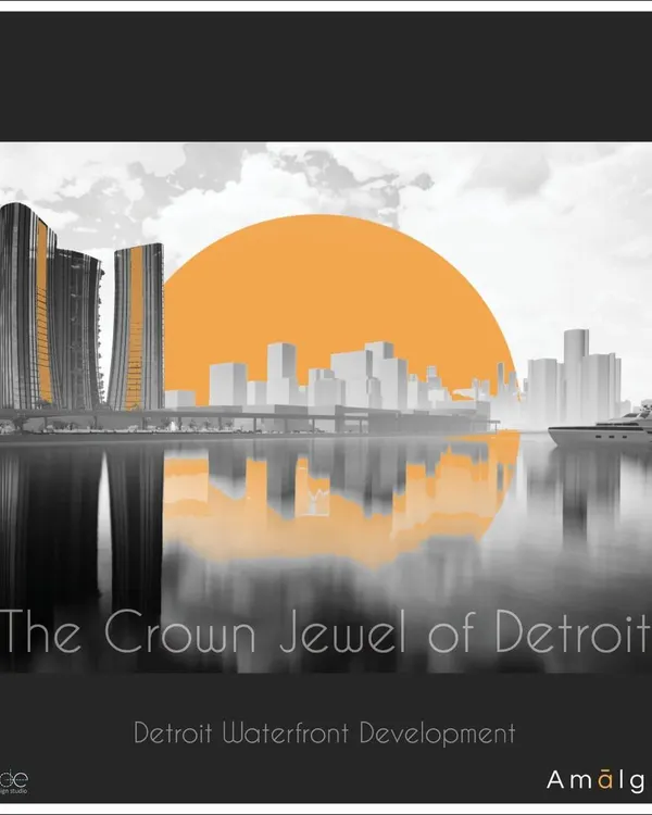 A stylized render of "The Crown Jewel of Detroit," my competition pitch for the Detroit Waterfront Development. The design is a tribute to the city's history and a bold vision for its future skyline.