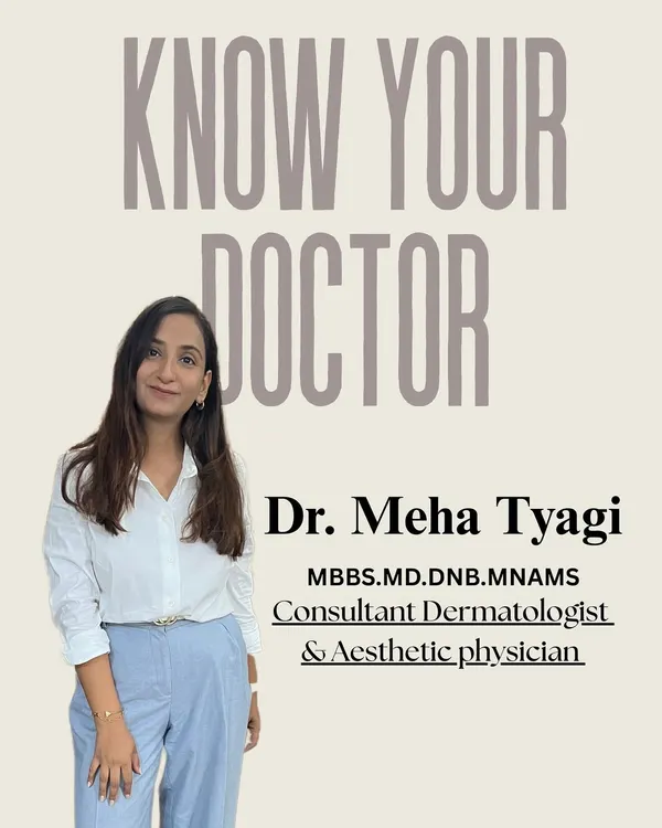 I am Dr. Meha Tyagi, a consultant dermatologist and aesthetic physician. I believe great skin starts with the right doctor, and it's important you know who is behind the white coat. My goal is to provide you with honest, science-backed solutions for your skin and hair.