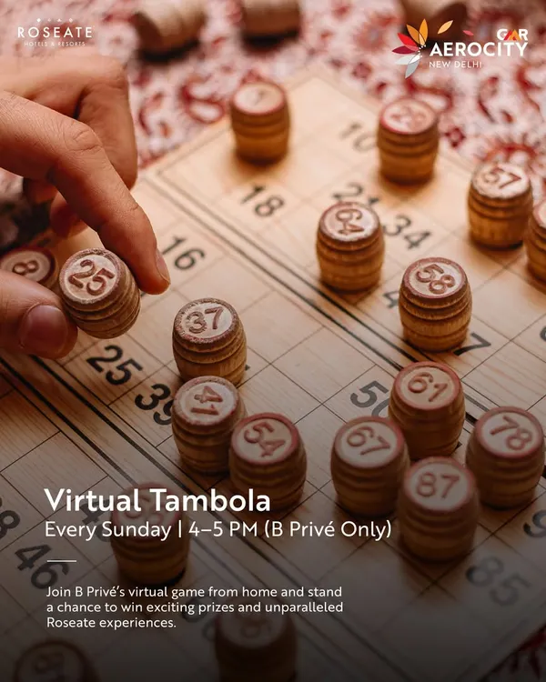 A close-up of a Virtual Tambola game in progress. This poster invites guests to join the fun from home and win exciting prizes and experiences.