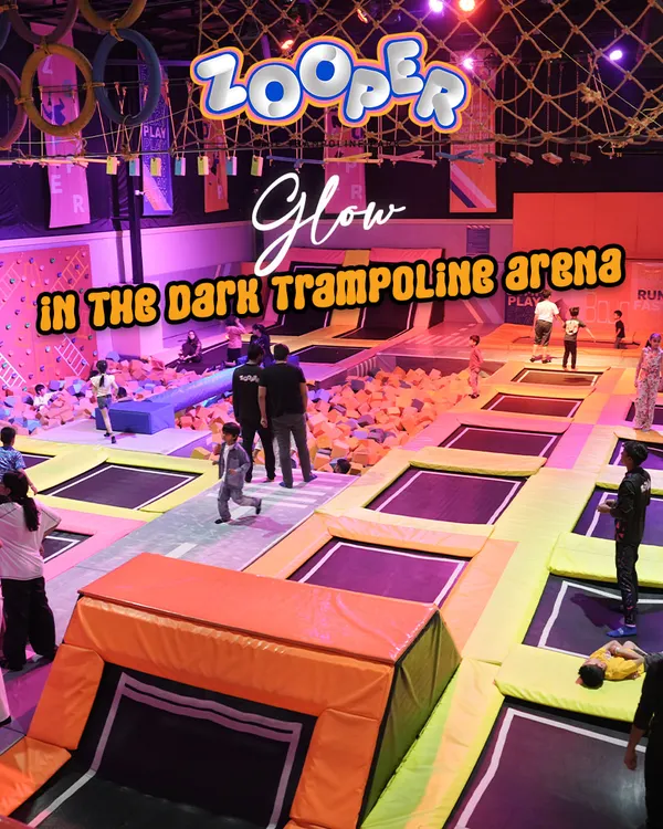 Welcome to our glow-in-the-dark trampoline arena. The lights, the music, and the endless trampolines create an atmosphere you won't find anywhere else.