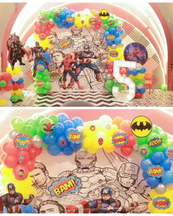 BAM! POW! A superhero party in full swing! This awesome Avengers theme decoration features a comic book style backdrop and colorful balloons, perfect for your little hero's birthday bash.