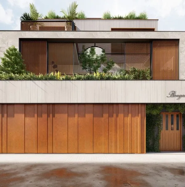 This is the initial concept render for a 7500 sqft contemporary villa in Bengaluru. Our architectural design focuses on clean lines, natural materials like wood and stone, and integrating green spaces throughout the structure.