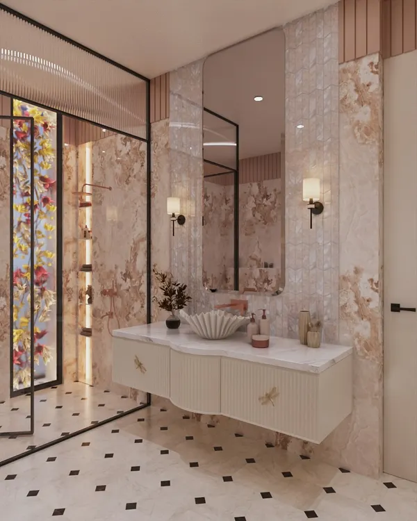 This version of the vanity shows a curved, fluted design with delicate dragonfly hardware, adding another layer of whimsical charm. The design demonstrates how small details can be customized to fit a specific narrative.