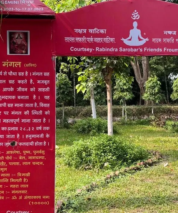 A visit to a Nakshatra Vatika, a garden where plants are linked to planetary energies. This image shows the display for Mars (Mangal), explaining its significance and the plants associated with it. This is a natural way to connect with planetary energies.