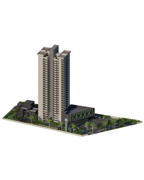 An isometric rendering of a 29-storey mixed-use development. This view illustrates the project's massing and site layout, showing the relationship between the residential tower, the commercial block, and the surrounding landscape.