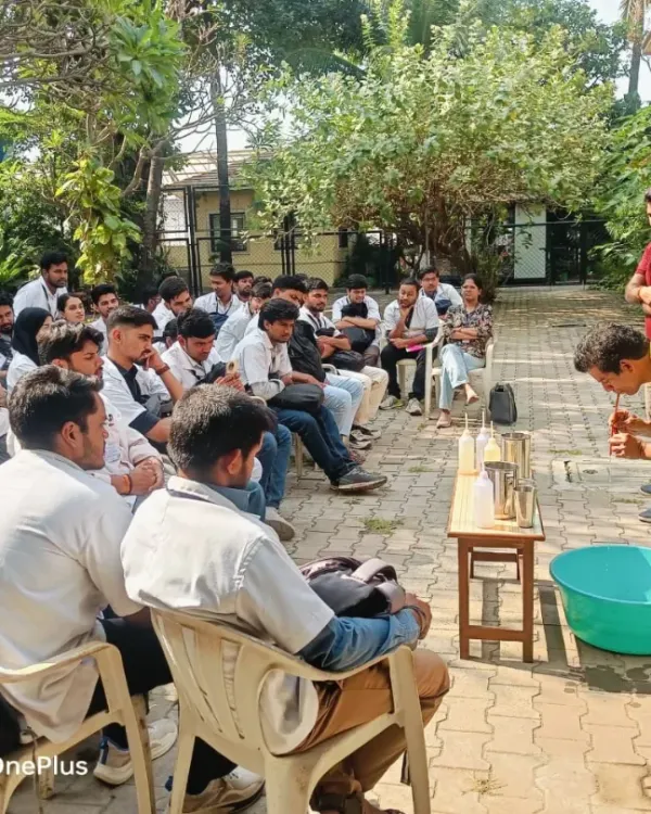 We believe in experiential learning. Here, we are demonstrating a Shuddhi Kriya to BAMS students, bridging the gap between ancient texts and modern scientific understanding by showing the practical application of yogic cleansing.