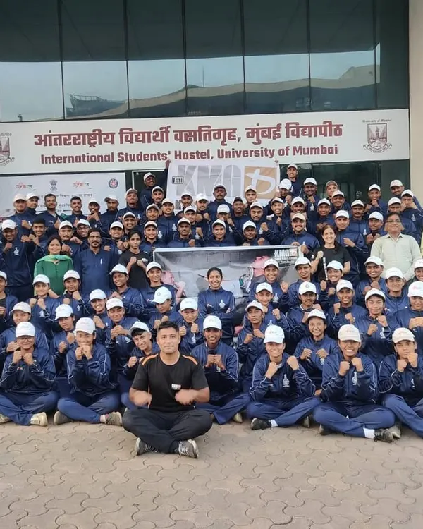 A massive group of 91 students from the National Service Scheme at the University of Mumbai after their Krav Maga workshop. We are experienced in handling large group sessions for educational institutions.