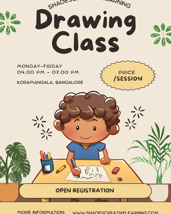 Our drawing classes for kids are open for registration. This welcoming poster illustrates the fun and creative environment we foster for our youngest artists here in Koramangala.