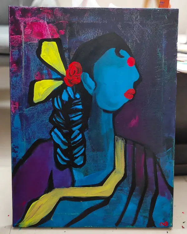 "Rose starring Saroja Devi," an acrylic on canvas paying homage to the bold women of all eras. This piece is a tribute to retro Tamil cinema and its iconic heroines.