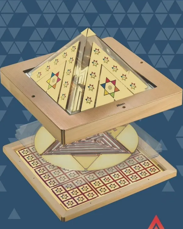 This diagram shows the intricate design of a home pyramid yantra. It is not just a simple pyramid; it includes multiple layers like the golden top, FAMA programming, cosmotrons, and a numero-grid. Each element is scientifically designed to channel and amplify cosmic energy, creating a powerful positive field in your home.