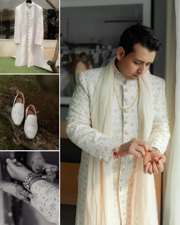 A collage capturing the essence of the groom getting ready. From his sherwani and shoes to the final adjustments, it's the story of a man preparing to meet his forever.
