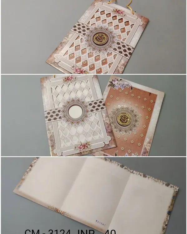 A detailed wedding invitation with a handle, featuring multiple layers and patterns. This collage shows the outer sleeve, the inner card, and the three-panel insert for printing text.
