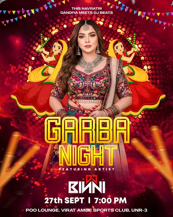 The official event poster for one of my Garba Night performances. This is where traditional Dandiya meets modern DJ beats for an epic celebration.