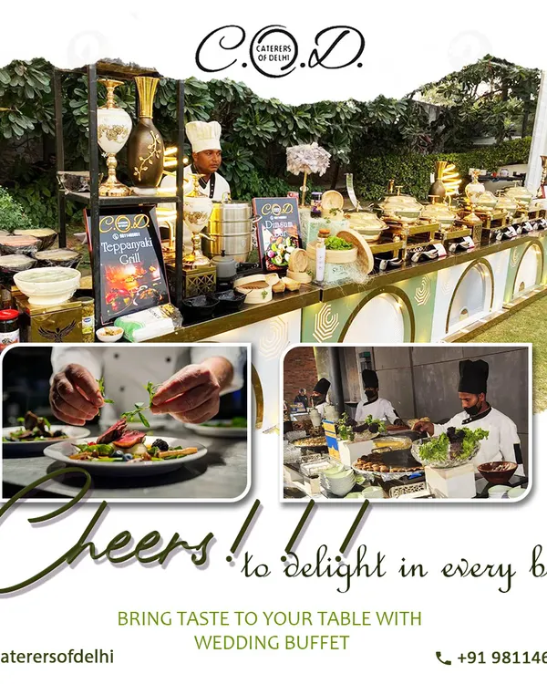 A complete view of our wedding buffet capabilities, showcasing a Teppanyaki grill station alongside a long line of main courses. This collage highlights both our interactive elements and the sheer variety of dishes we offer.