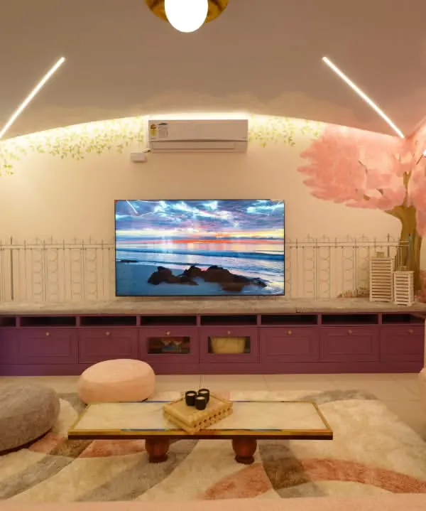 This living room from my 'Sakura' project is a story whispered through design. Hand-painted cherry blossoms bloom across the walls, flowing into curved ceilings with soft LED lines that mimic the dawn, creating a peaceful retreat where art and architecture breathe as one.