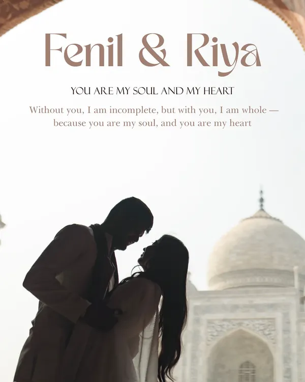 A silhouette of the couple against the majestic Taj Mahal, capturing a moment of pure connection. This frame emphasizes their bond, making the iconic backdrop a witness to their love story.