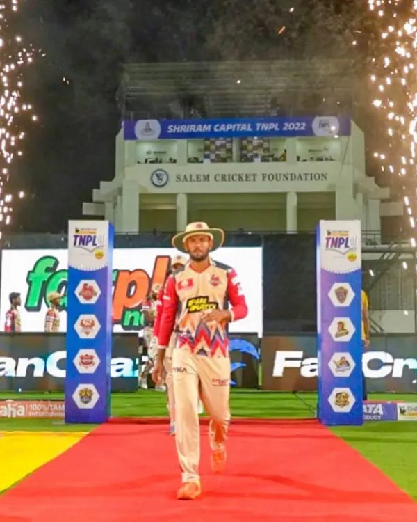 We create moments of celebration for rising stars. At this Tamil Nadu Premier League (TNPL) match, we designed the player entrance, complete with a red carpet and cold pyro effects, to give players a grand, professional-level experience.