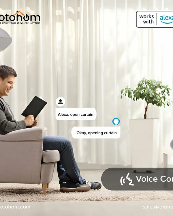 With our voice-controlled automation, managing your home is as simple as speaking. This scene shows a user opening the curtains with an Alexa command, demonstrating true hands-free convenience.