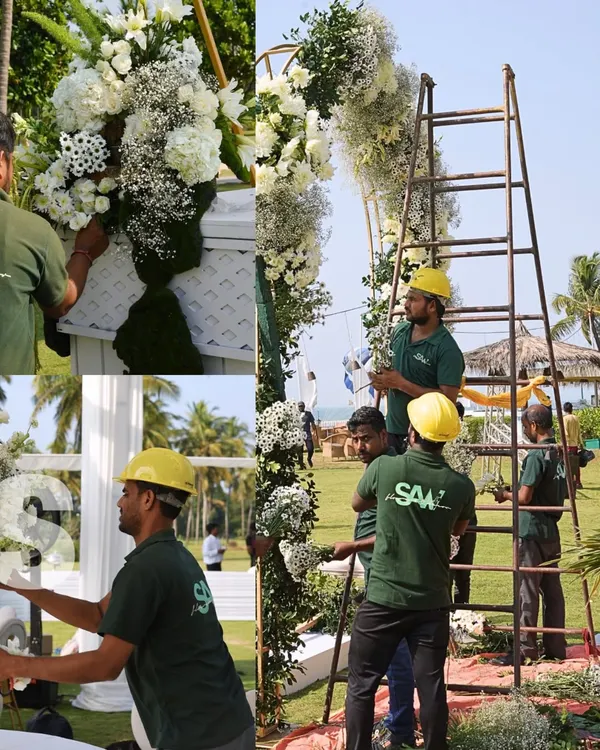 A collage showing our dedicated team at work, meticulously building a grand floral arch. From climbing ladders to carefully placing each bloom, their passion and precision are what bring our ambitious designs to life.