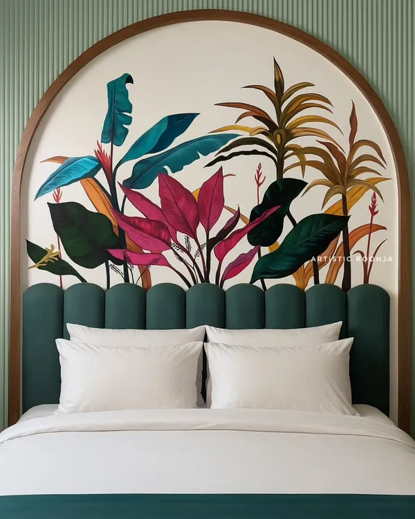 This tropical mural, designed as a custom headboard, brings vibrant, natural energy into the bedroom. I worked closely with the client to select a color palette that was both bold and soothing, creating a unique statement piece that transforms the entire room.