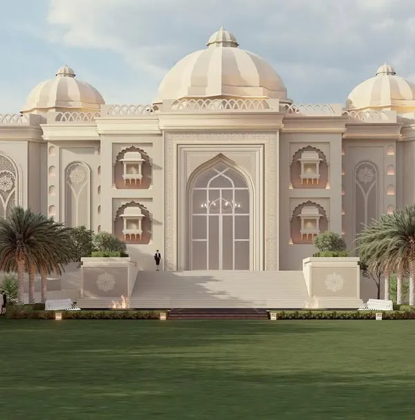 This is a render of a lavish banquet hall we designed in Punjab, showcasing a majestic structure with multiple domes and grand arches. It is a modern palace, embodying the essence of Indian cultural heritage and providing a regal backdrop for large-scale events.