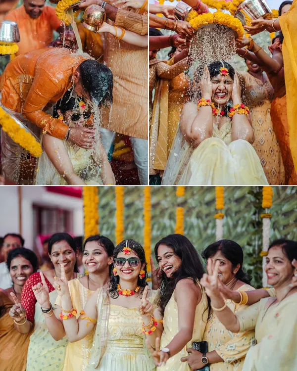 The pure fun of a Haldi ceremony. This collage captures the water splashing rituals and the joyful moments with friends and family, showcasing the vibrant energy of this pre wedding event.