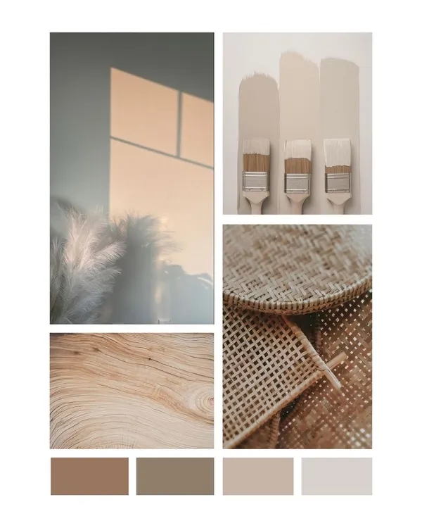 This is where the vision starts. A mood board with a warm, neutral palette, featuring natural wood textures, woven materials, and soft, earthy paint tones to create a calm and serene aesthetic.