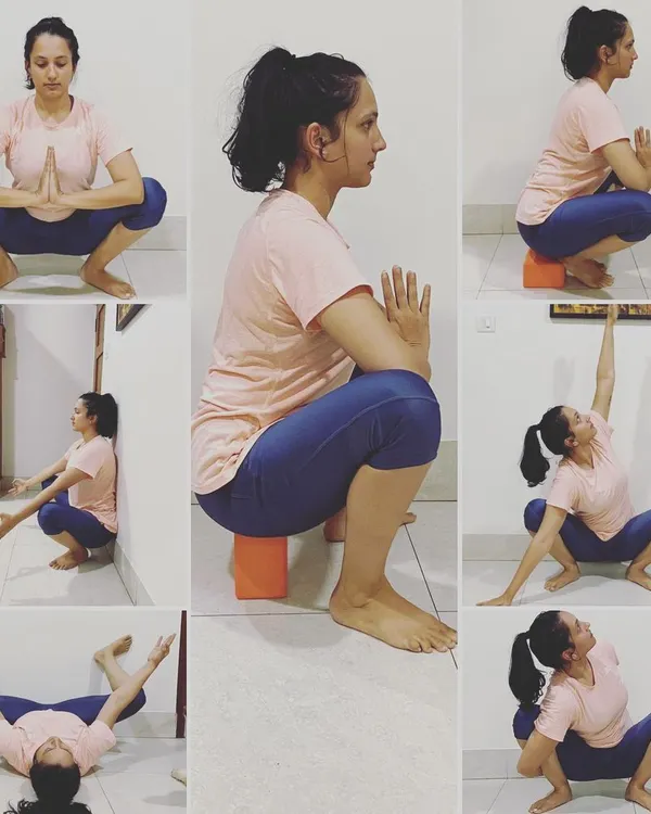 This image collage shows multiple variations of Malasana (Yogi Squat), using props like a block and a wall for support. It’s a great example of how we can adapt poses to fit your body's unique needs and mobility levels.