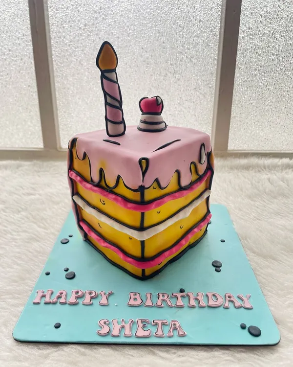 Is it a cartoon or a cake? This comic-style cake is a fun illusion that looks like it's straight out of a comic book. The black outlines give it a unique, 2D-animated look.